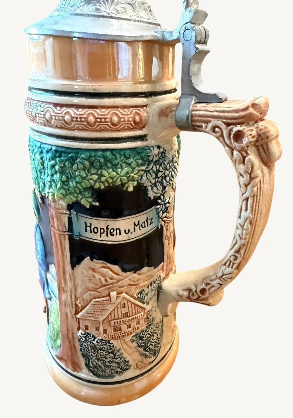 Vintage West German 1L Beer Stein Pewter Lid Hopfen Malz Relief 11.5